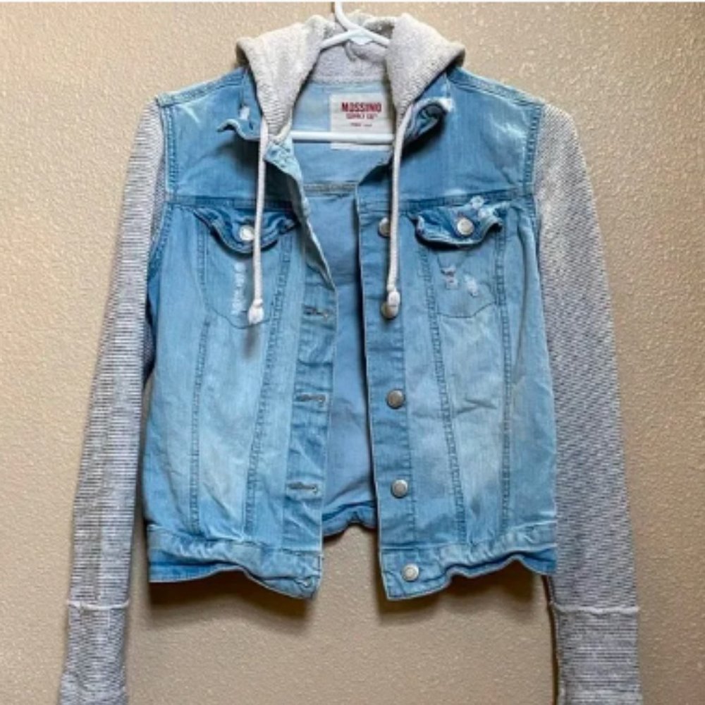 Hooded Jean Jacket with Gray Cloth Sleeves